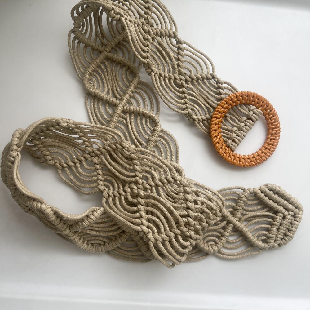 Vintage Style Macrame Belt Beige Woven Rope Wood Ring Buckle Boho Wide
